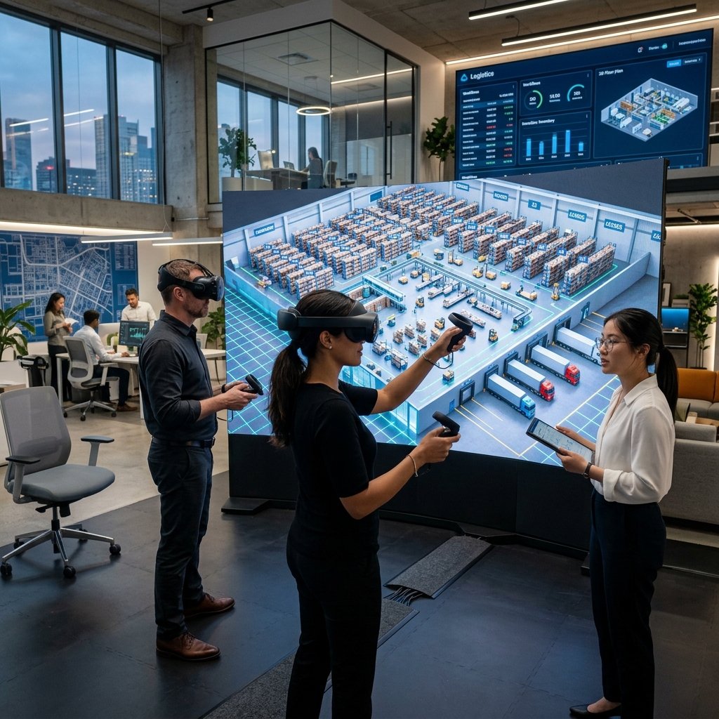 Engineers using VR in warehouse